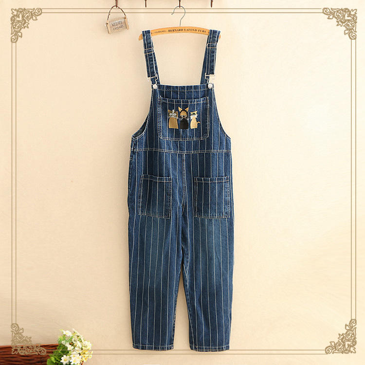 Women Cotton Denim Striped Cat Embroidered Cartoon Jumpsuit