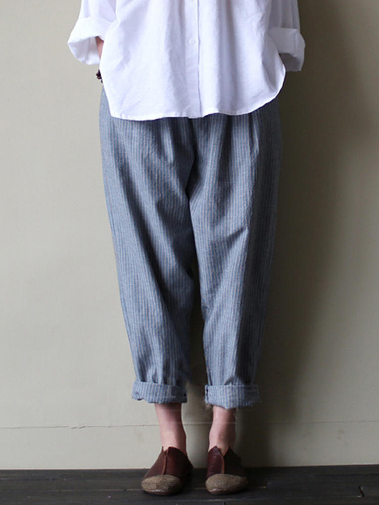 Women Vintage Stripe Elastic Wasit Pockets Loose Pants