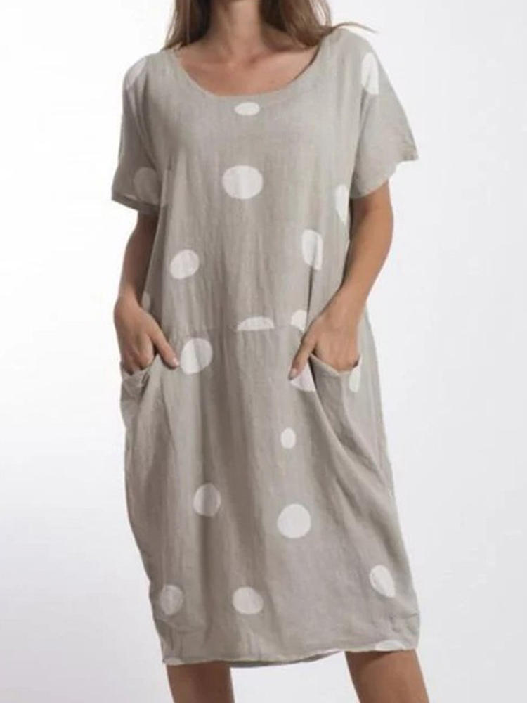 Women Polka Dots Printed Midi Crew Neck Casual Dress