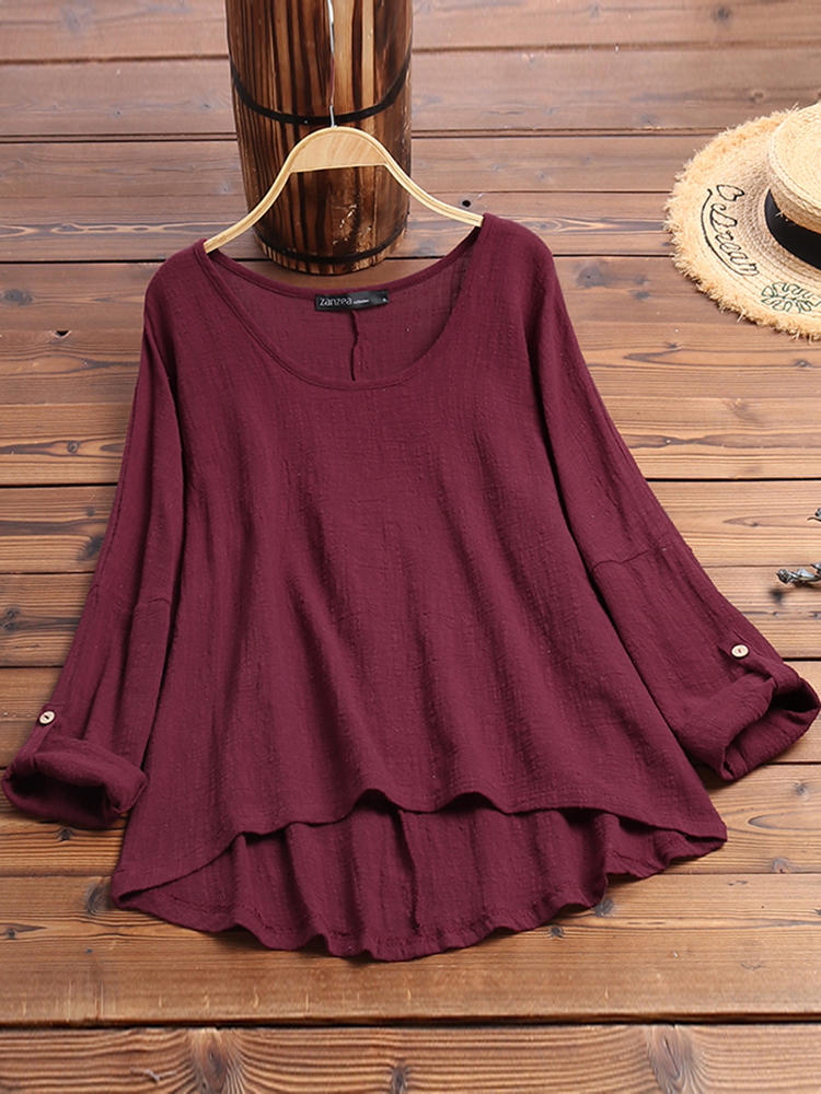 Women Cotton Solid Color O-Neck High Low Hem Long Sleeve Blouse