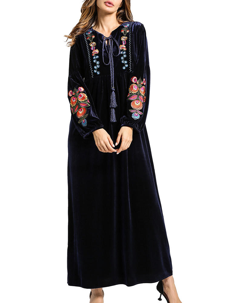Floral Embroidery V-Neck Lace-Up Women Velvet Maxi Dress