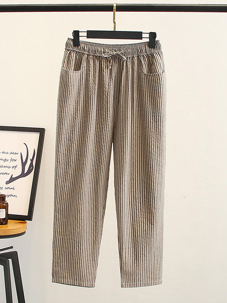 Casual Women Cotton Linen Elastic Waist Striped Trousers Pants