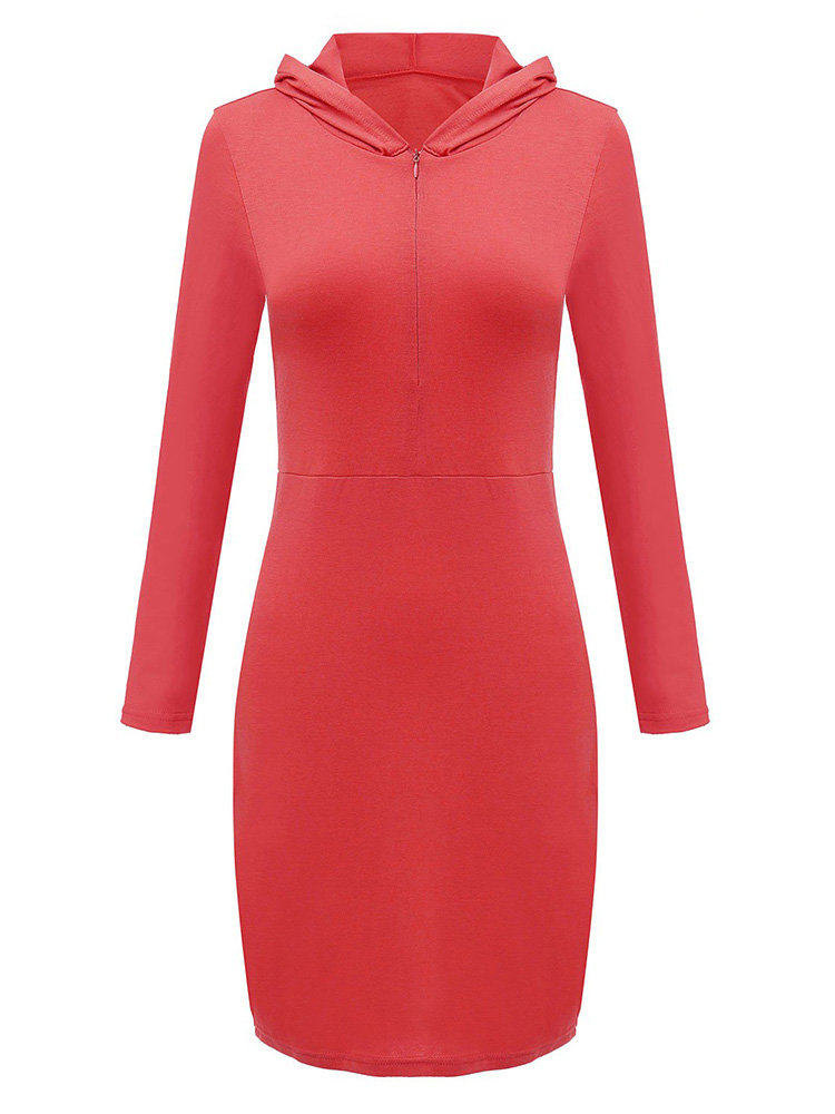 Casual Women Solid Long Sleeve Zipper Hooded Bodycon Mini Dress