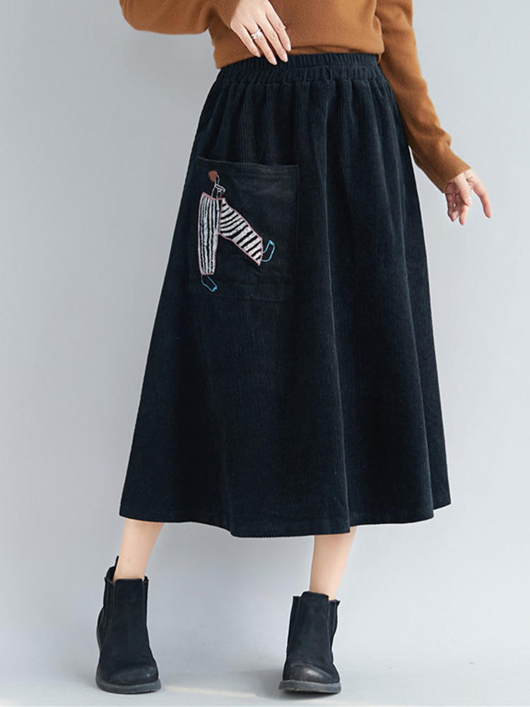 Embroidery Elastic Waist Loose Hem Corduroy Skirts with Pocket