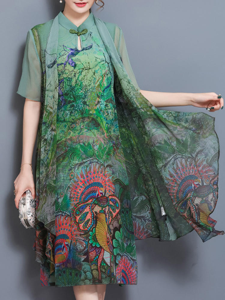 Elegant Floral Print Two Pieces Chinese Style Vintage Dress