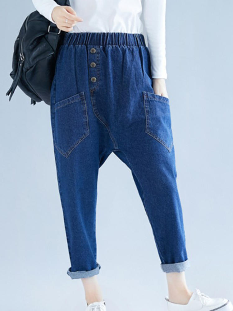 Button Solid Color Elastic Waist Casual Harem Denim Jeans