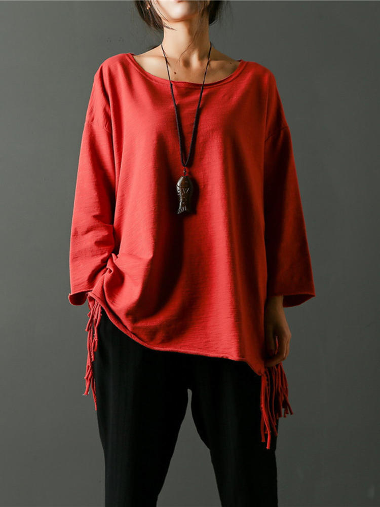 Casual Women Solid Color Scoop Neck Tassel Loose Blouse