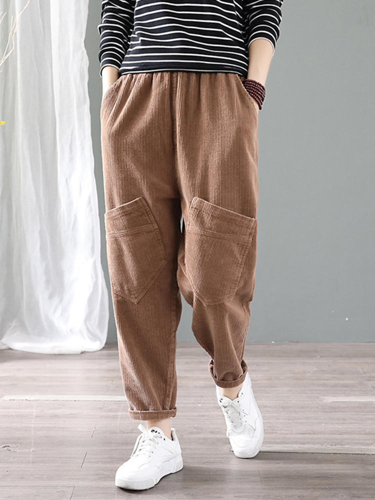 Casual Women Elastic Waist Corduroy Pocket Harem Pants
