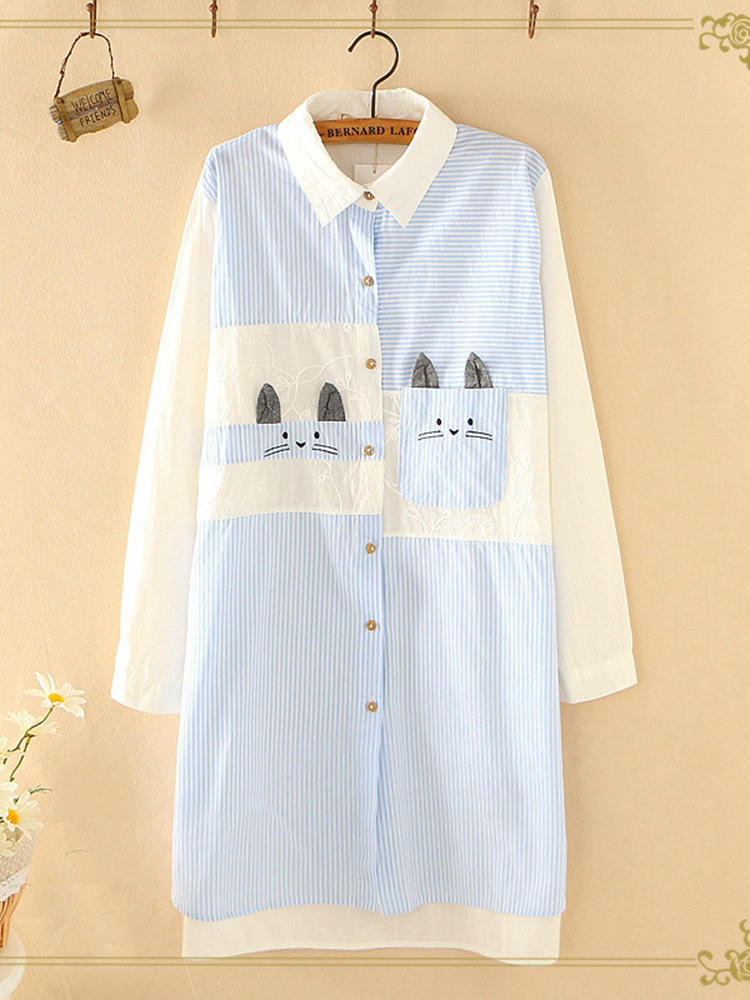 Stripe Patchwork Cat Embroidered Long Sleeve Casual Shirts