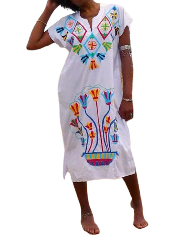 Women Casual Loose V-Neck Bat Sleeve Short Sleeve Dress