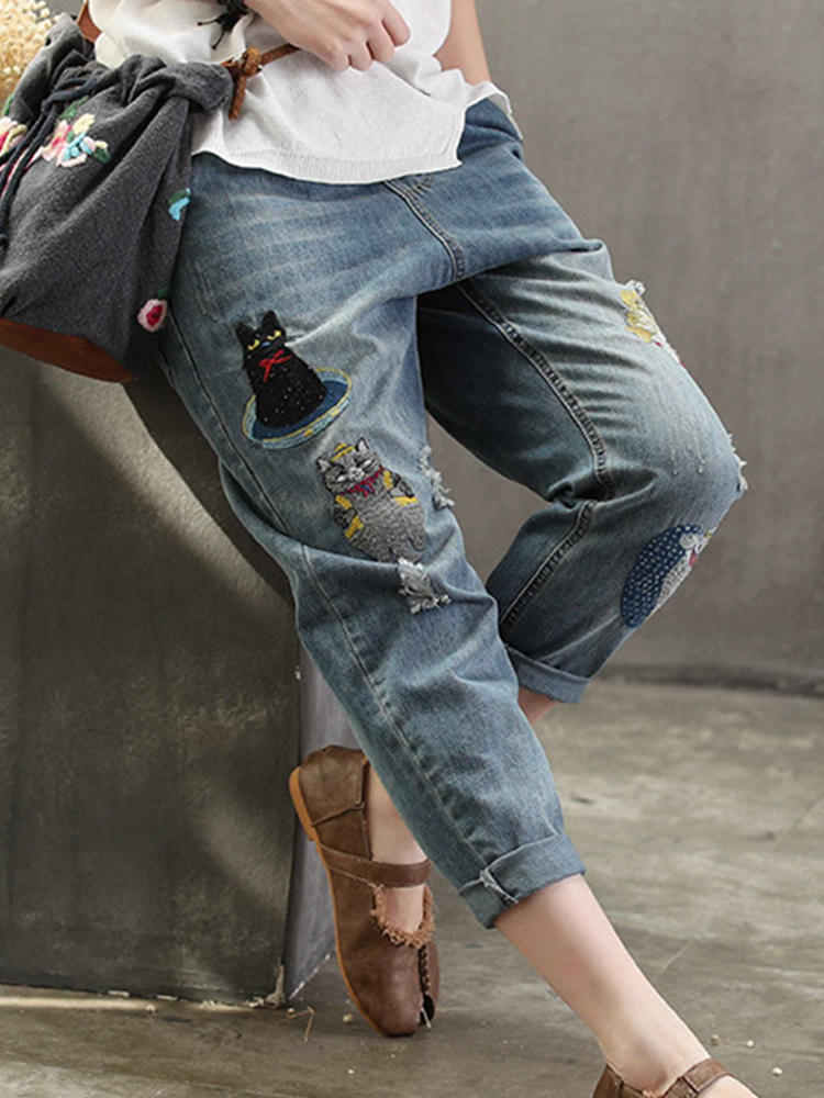 Casual Animal Patch Distressed Elastic Waist Denim Pants