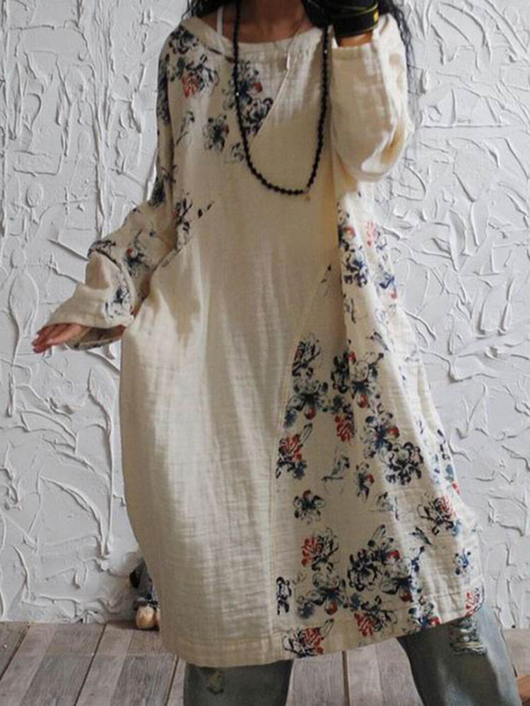 Floral Print Patchwork Long Sleeve Vintage Dress