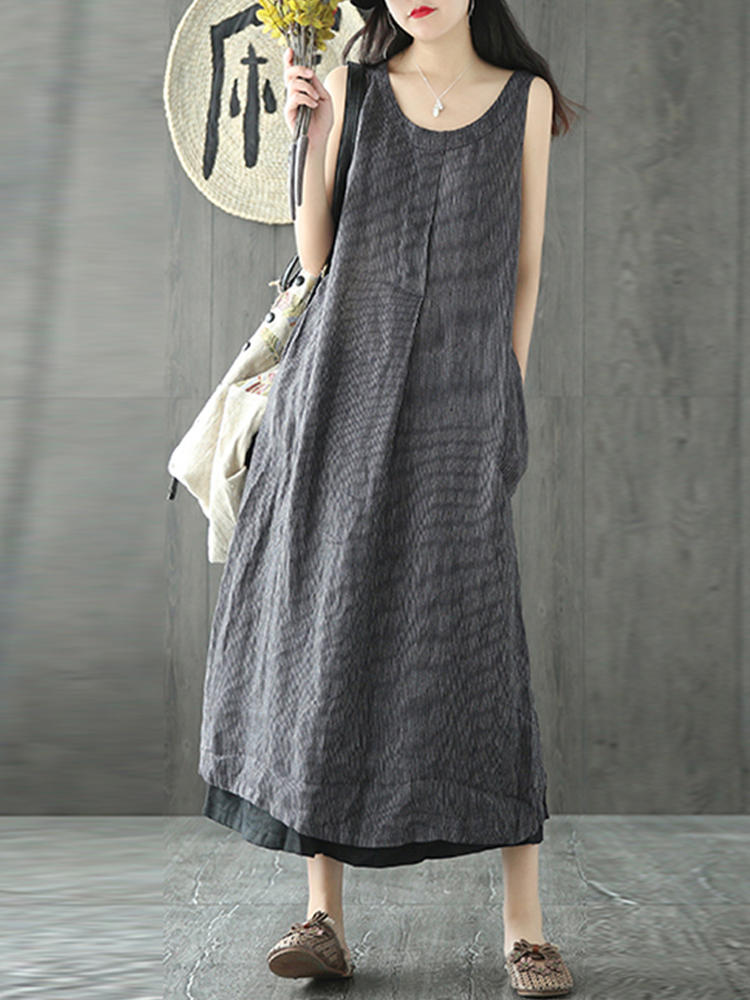 Vintage Women Sleeveless O-neck Side Pocket Mid-long Dress