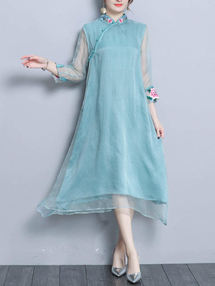 Vintage Embroidery Sleeve Patchwork Chinese Style Irregular Dres