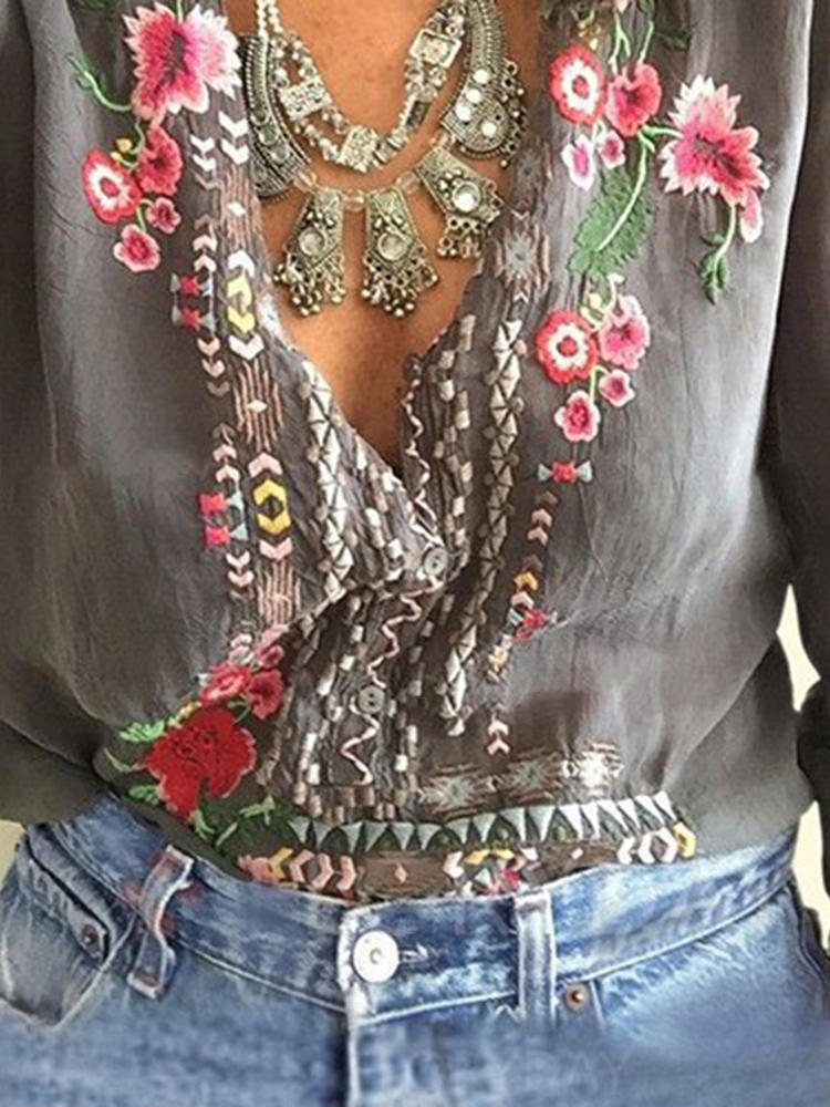 Women Floral Embroidery V Neck Loose Long Sleeved Blouse