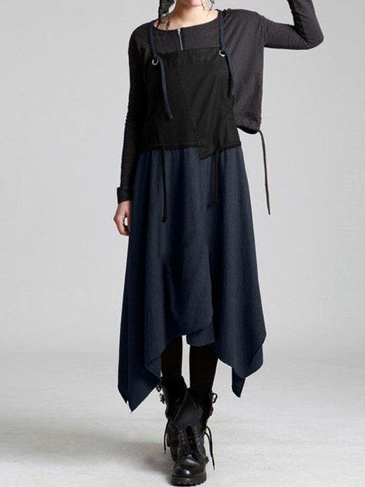 Women Strap Solid Overalls Irregularity Hem Casual Loose Dress