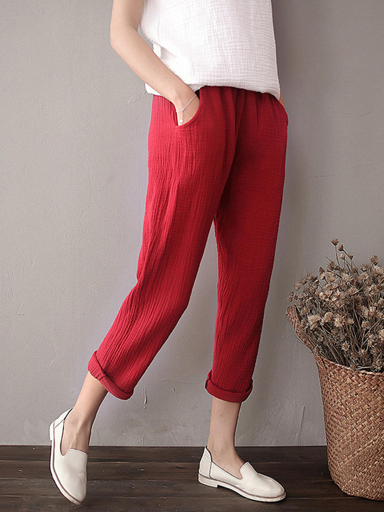S-5XL Women Casual Pure Color Elastic Waist Cotton Linen Pants