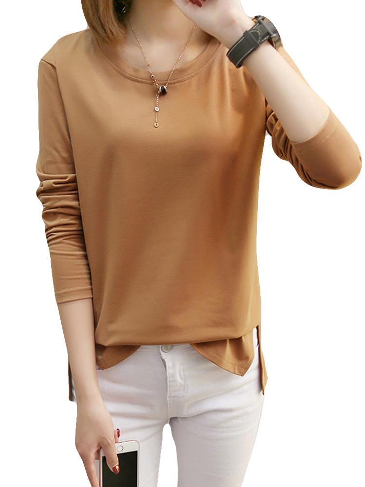 Solid Color O-neck Long Sleeve Casual Blouse