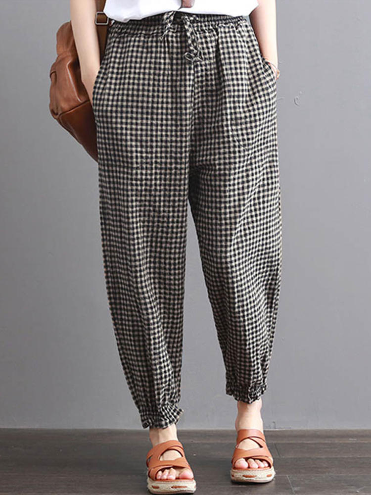 S-5XL Women Casual High Drawstring Waist Plaid Check Long Harem