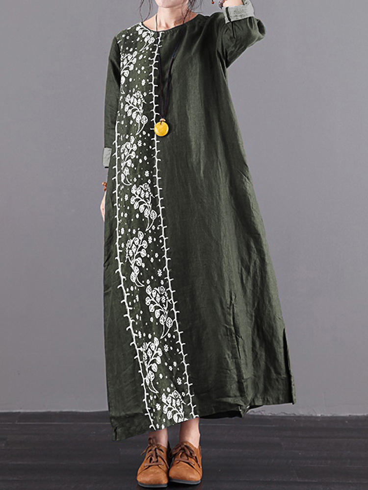 Women Print Round Neck Loose Split Vintage Maxi Dress