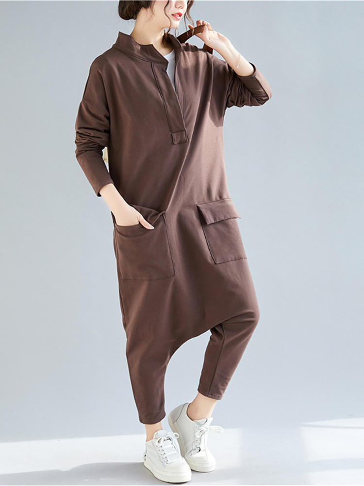 Women Causal Stand Collar Solid Harem Jumpsuit Overalls