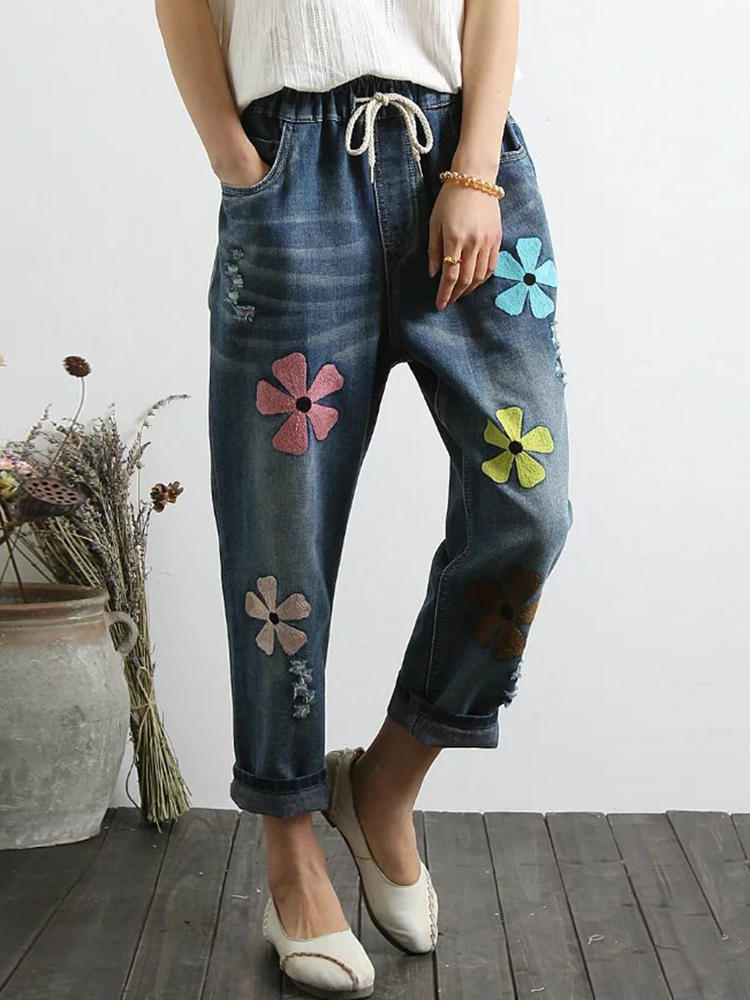 Women Casual Embroidery Drawstring Waist Denim Jeans with Pocket