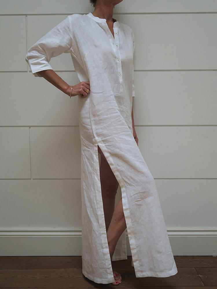Women Solid Color 3/4 Sleeve Button V-Neck Split Hem Dress