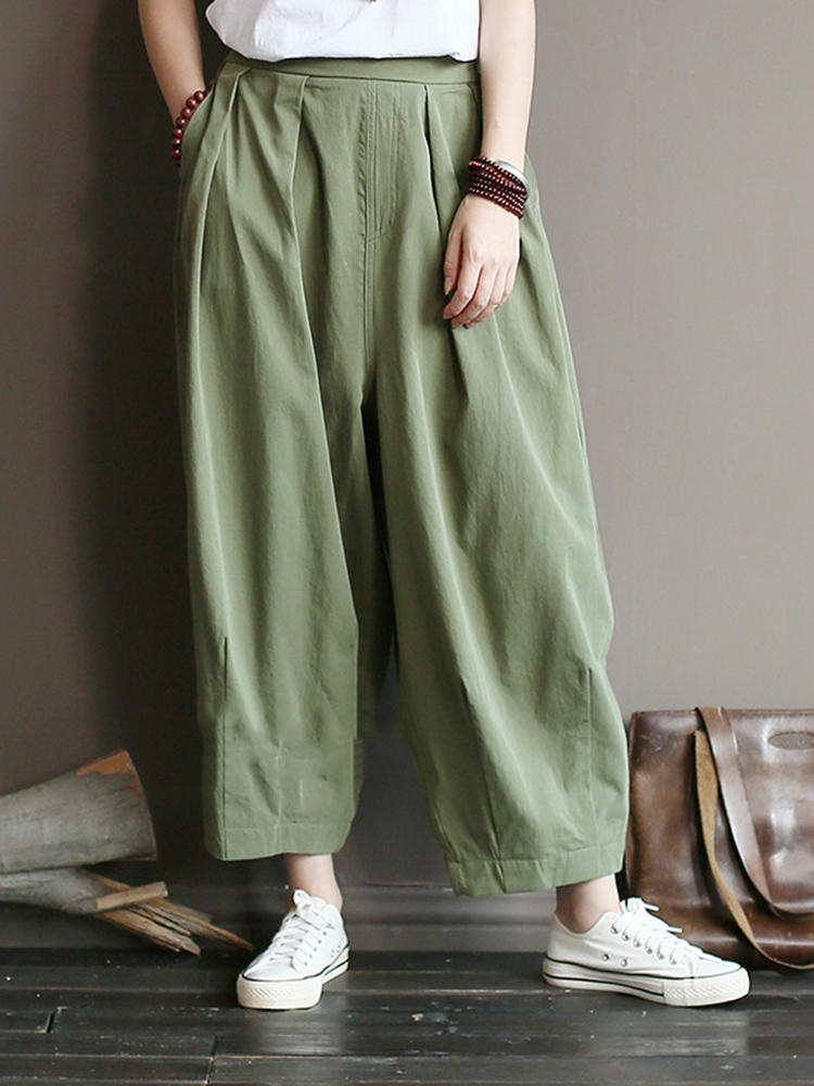 Solid Color Loose Pleated Elastic Waist Casual Pants
