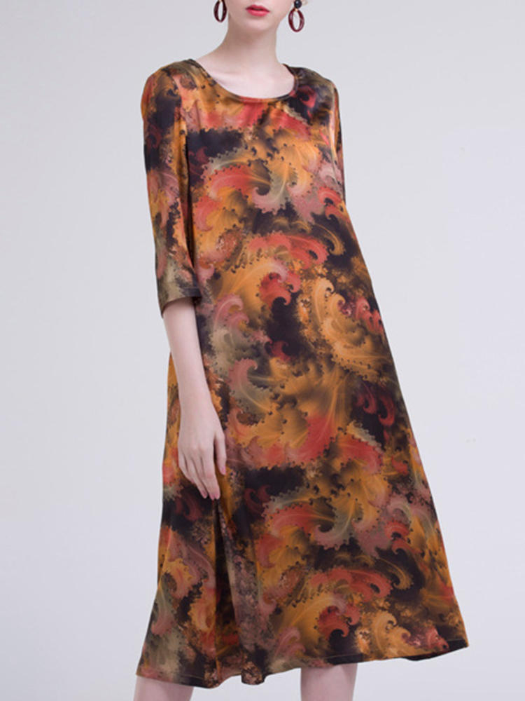 Elegant Women 3/4 Sleeve Abstract Printing O-Neck Dress