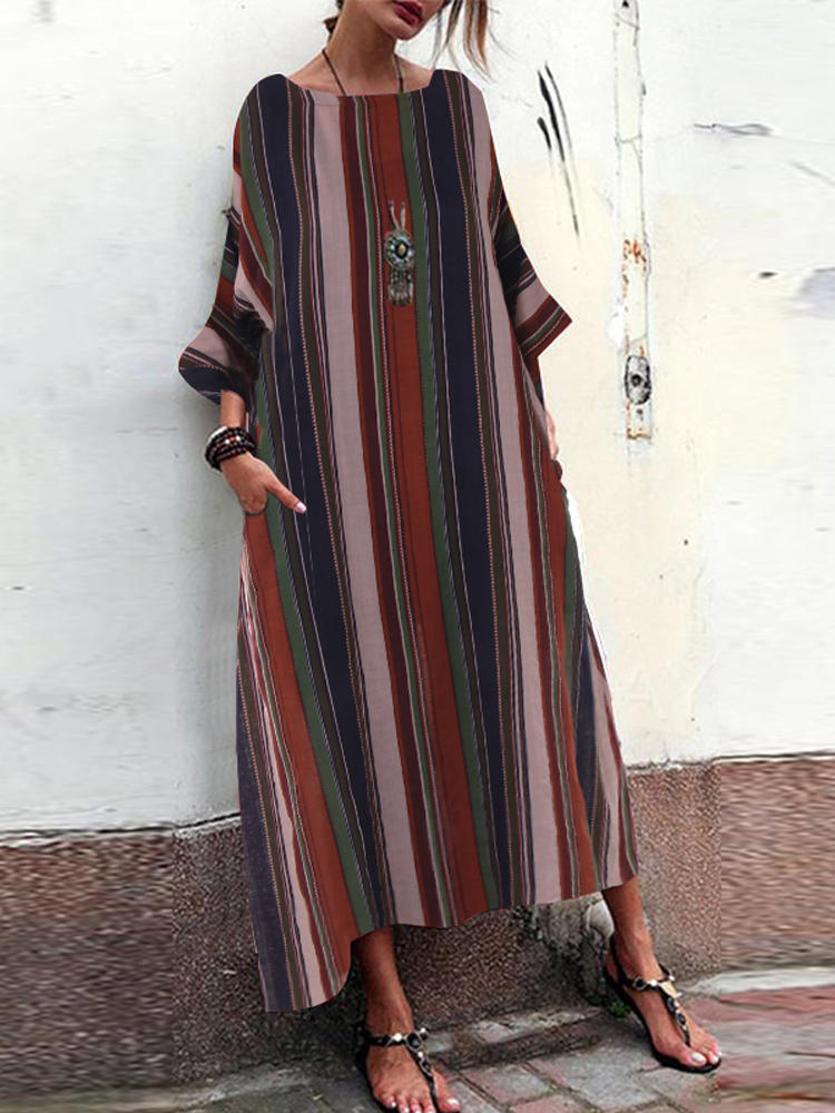 Crew Neck Long Sleeve Stripe Loose Baggy Maxi Dress