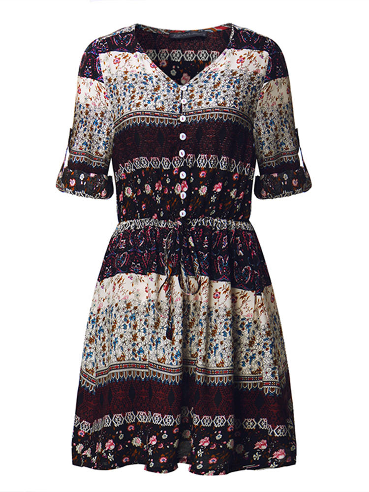 Bohemian Women V-Neck Floral Printed Button Mini Dresses