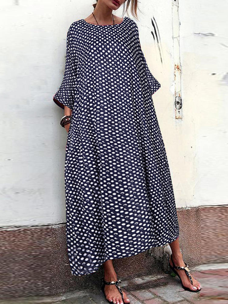 Women Polka Dot Long Sleeve Casual Loose Bohemian Maxi Dress