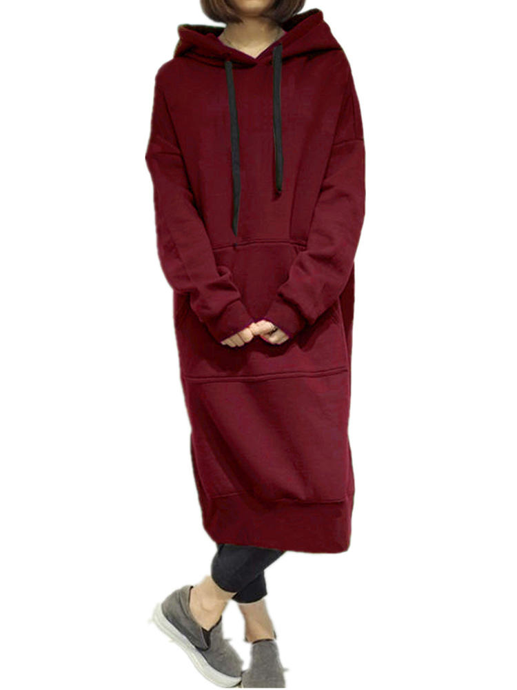 Sweatshirt Dress Casual Women Solid Color Long Sleeve Pocket Hoo