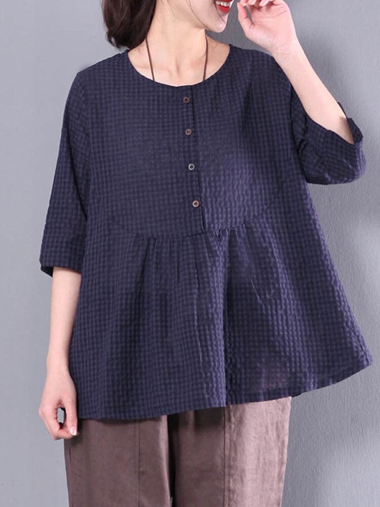 Women Vintage Plaid Buttons 3/4 Sleeve Cotton Blouse
