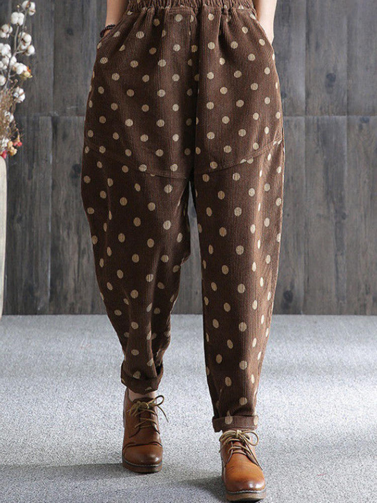 Polka Dot Print Elastic Waist Corduroy Pants