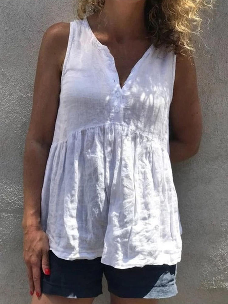 Women Solid Color Button V-Neck Sleeveless Tank Tops