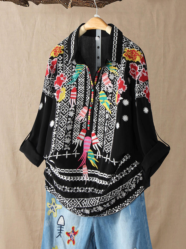 Ethnic Floral Embroidered 3/4 Sleeve Vintage Blouse