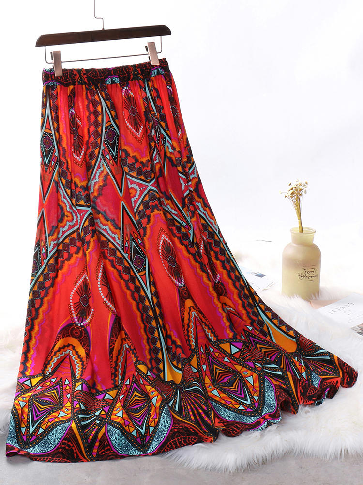 Bohemia Elastic Waist Printed Long Skirts