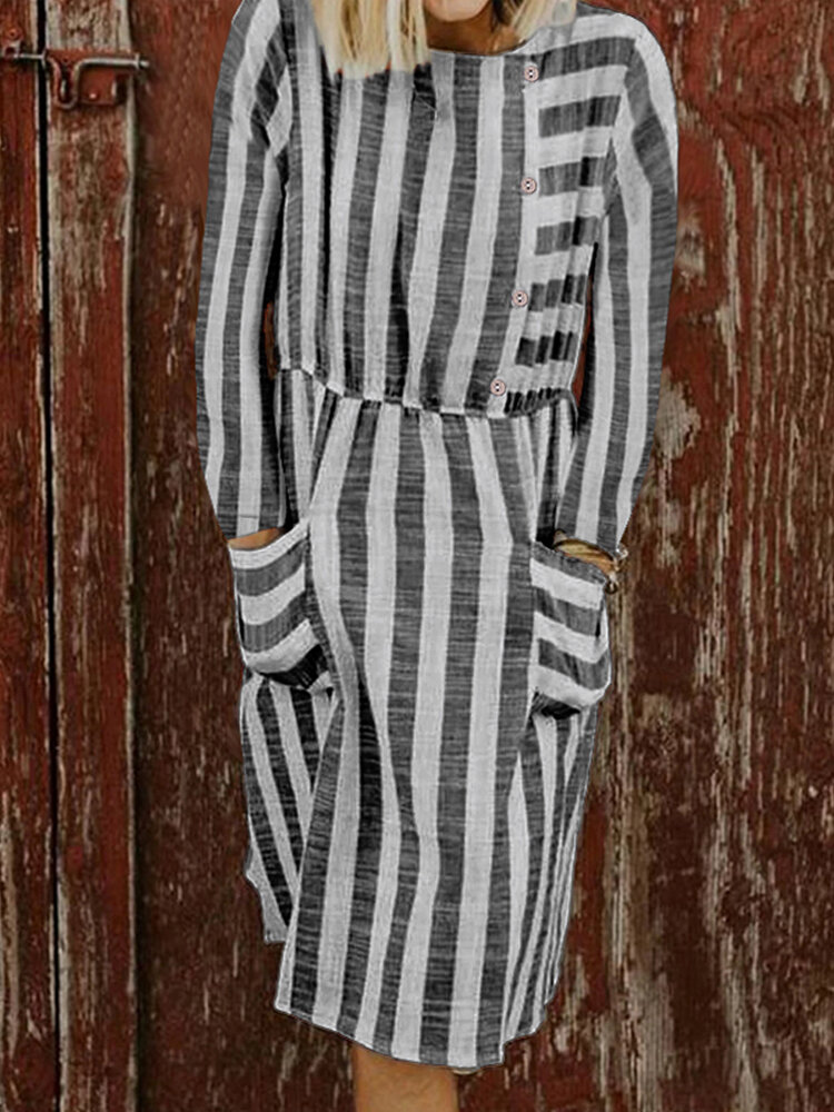 Women Casual O-neck Long Sleeve Striped Midi Dress