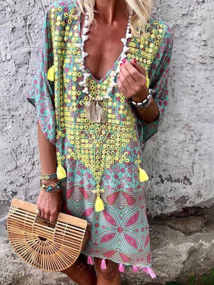 Bohemian Floral Tassel V Neck Half Sleeve Casual Dress