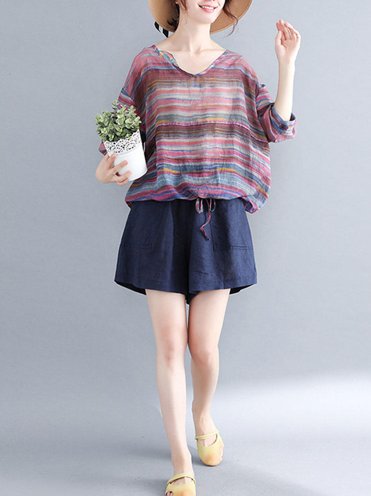 Casual Women Cotton Loose V-Neck Batwing Sleeve T-Shirts
