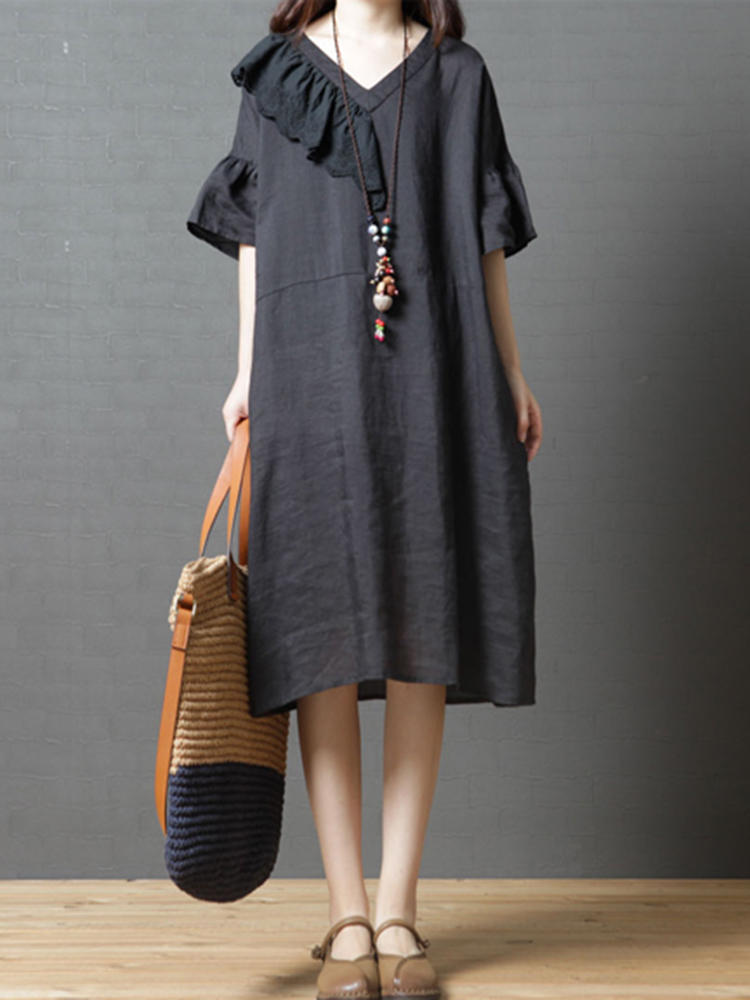 Vintage Women Short Sleeve V-neck Ruffle Dress