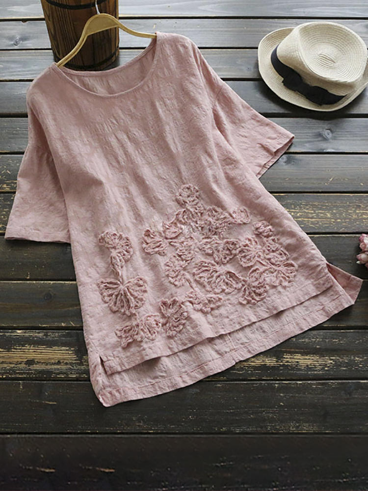 Vintage Women Pure Color Irregular Hem Short Sleeve Blouse