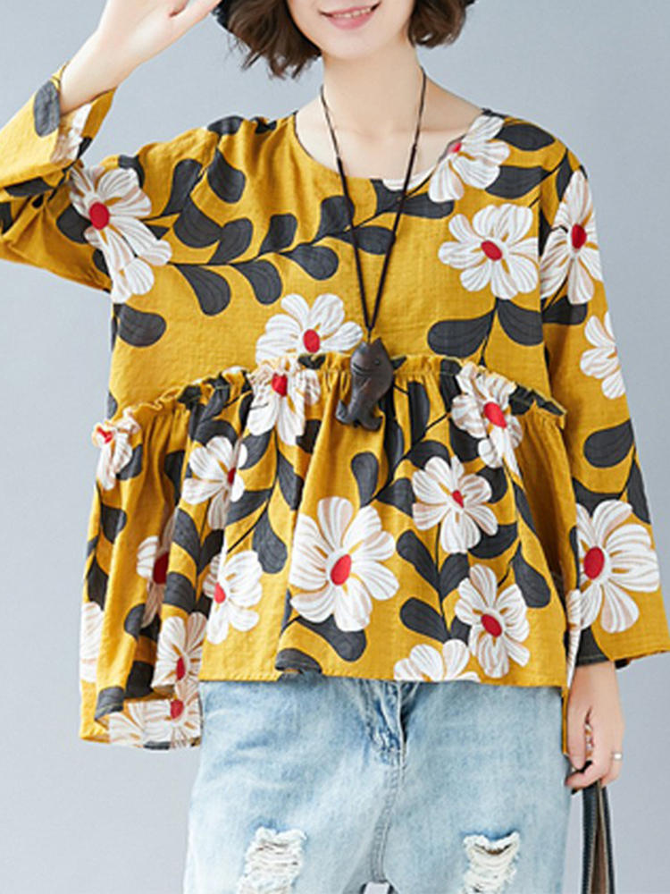 Women Print High Low Hem O-Neck Long Sleeve Blouse