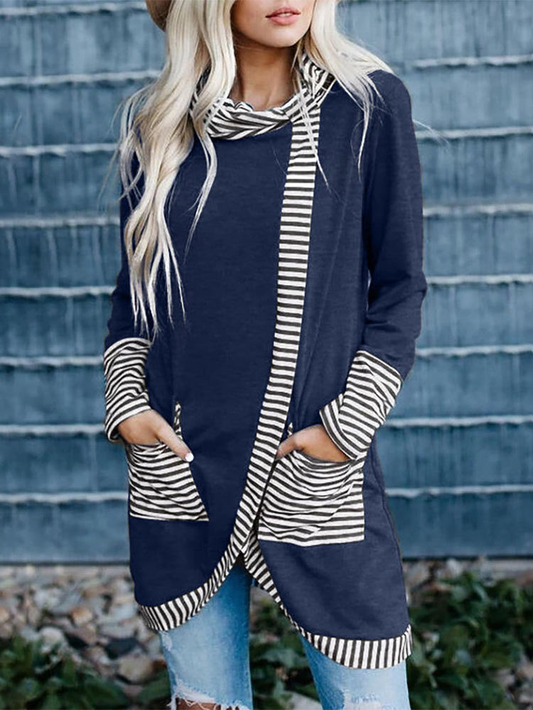 Women Striped Patchwork Long Sleeve Irregular Hem T-Shirts