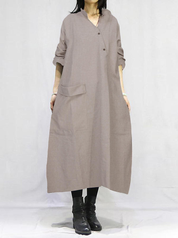 Women Casual Long Sleeve Button Solid Maxi Dress