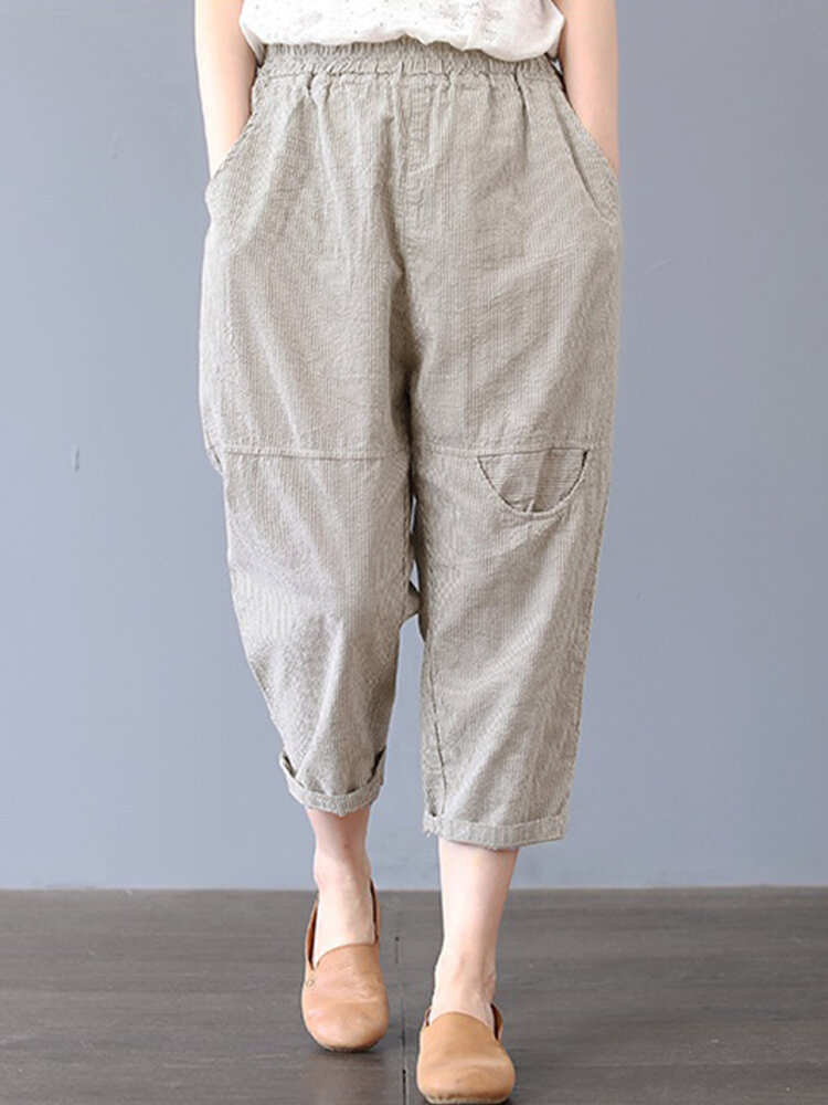Women Retro Stripe Elastic Waist Cropped Harem Pants