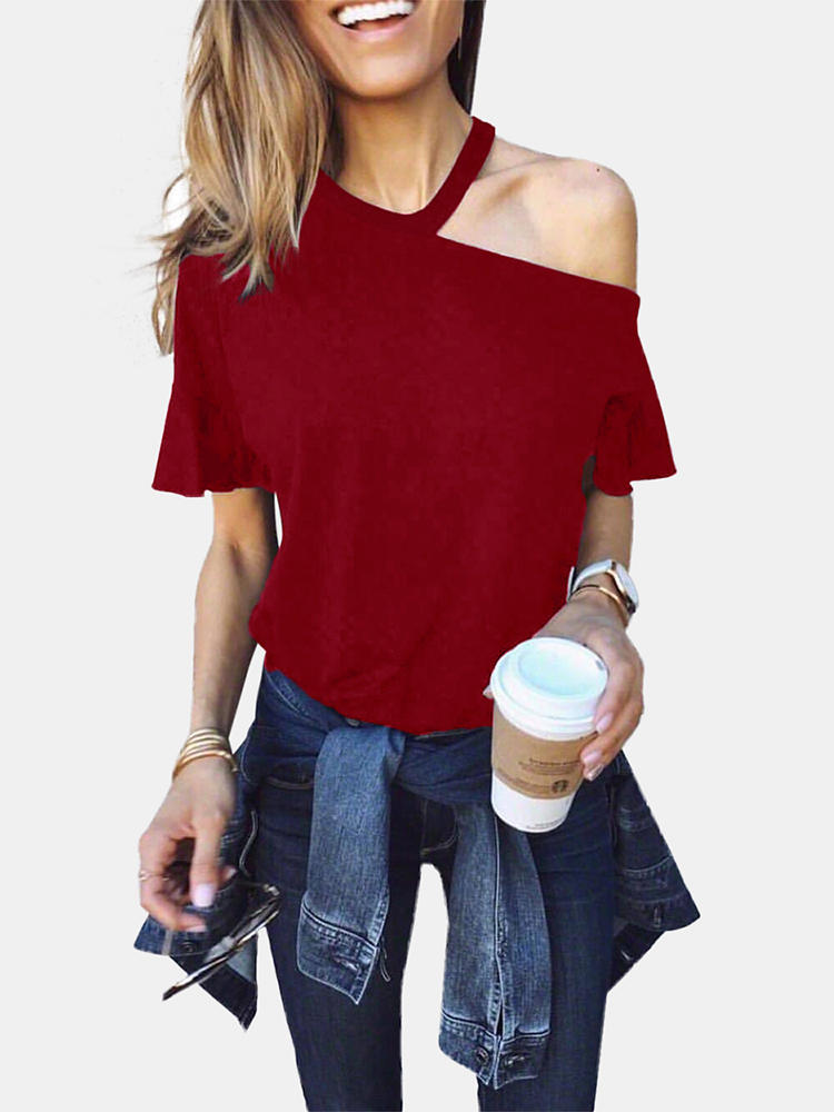 Women Solid Color Off Shoulder Long Sleeve Casual Blouse
