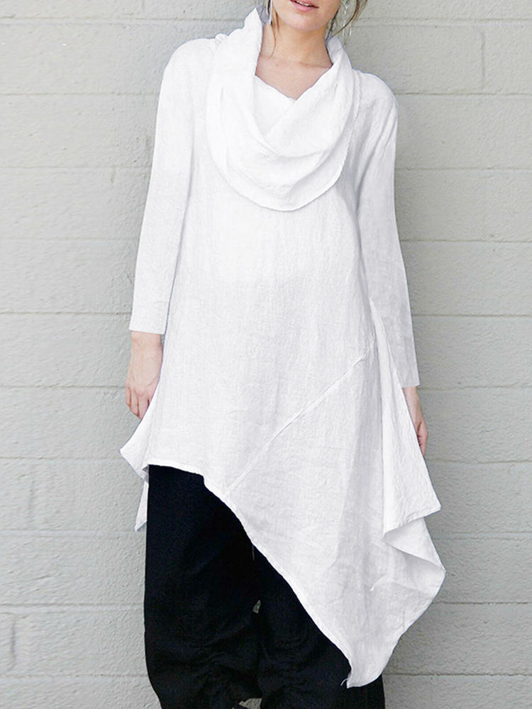 Women Solid Long Tops Scarf Neck Cotton Loose Blouse