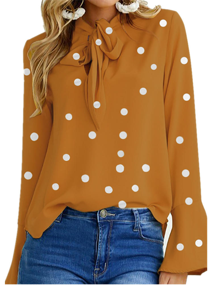 Chic Polka Dot Long Sleeve Lace-Up Casual Blouse For Women